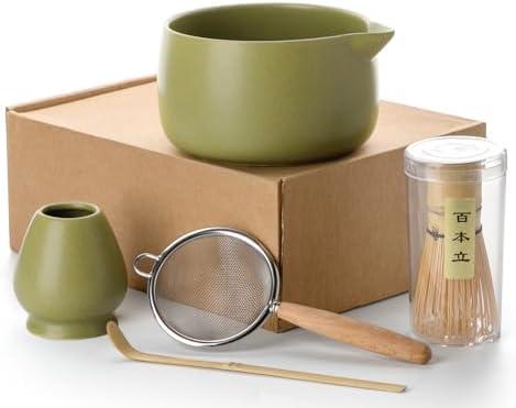 20OZ Matcha Whisk Set - 5PCS Japanese Tea Set Includes Matcha Bowl with Spout, Bamboo Whisk with Ceramic Holder, Bamboo Scoop and Sifter, Matcha Kit for Ceremony, Gift for Matcha Lovers (Matcha Green)