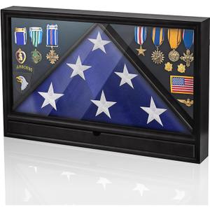 Flag Case for Burial Flag with Drawer Solid Wood Military Flag Display Case for 5'x9.5' Flag, Memorial Flag Holder for Home, School, or Government Use, for Badges Medals (Black)