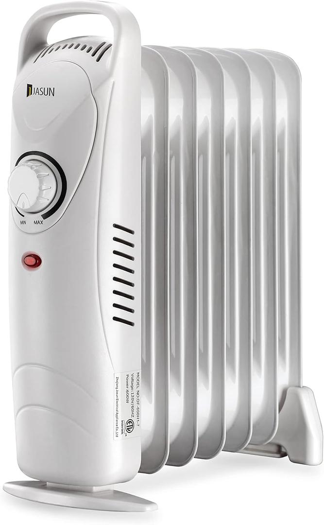 JASUN Oil Filled Radiator Heater with Adjustable Thermostat, Mini Portable Space Heater 700W for Indoor Use, Overheat Safety, Quiet Work, White