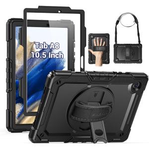 SEYMAC for Samsung Galaxy Tab A8 Case 10.5 Inch (SM-X200/ X205/ X207), Heavy Duty Full-Body Shockproof Protective Case with Screen Protector, Rotating Stand, Hand/Shoulder Strap and Pen Holder, Black