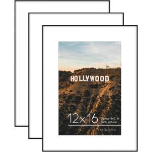 Americanflat Front Loading 12x16 Picture Frame with Shatter-Resistant Glass - Set of 3 - Use as 8x12 Frame with Mat - Metropolitan Collection - Photo Frames for Wall Display - Black