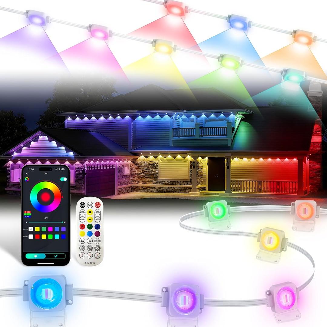 Permanent Outdoor Lights for House,100FT RGB IC Smart Permanent Eave Lighting with App/Remote Control,IP67 Waterproof, Music Sync, DIY Color Scenes, Year-Round Eaves Lighting for House Roof Decor (White)