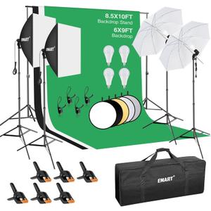 EMART 8.5 x 10 ft Backdrop Support System, Professional Photography Lighting Kit with 5500K 50W LED, 6 * 9ft Backdrop *3, Reflector,Umbrellas&Softbox Lighting Kit for Studio, Portrait, Video Shooting