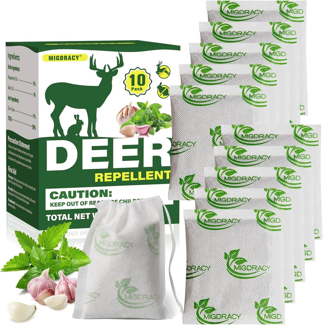 Deer Repellent, Rabbit Repellent Pouches, 10Pack Peppermint Oil to Repel Deer and Rabbit, Keep Deer and Rabbit Away from Yard and Garden, Outdoor Use