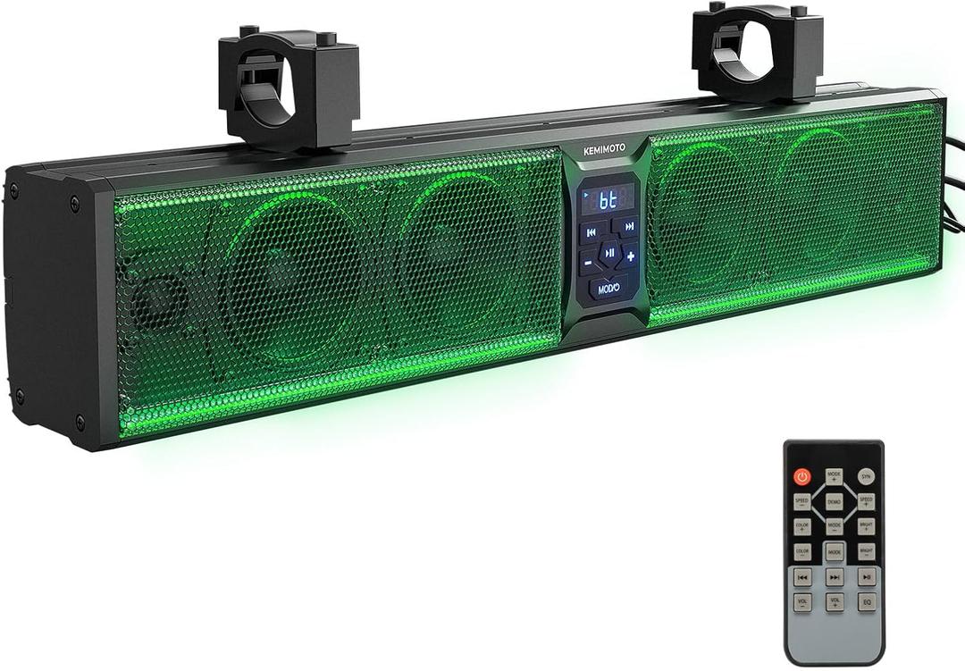 KEMIMOTO 6-Speaker Metal UTV Sound Bar Waterproof Bluetooth Music Sync Multicolor Lights 25-inch SxS Speakers Wireless Control Soundbar for UTV ATV Golf Cart w/ 1.25 in - 2 in Roll Bar (25 inches)