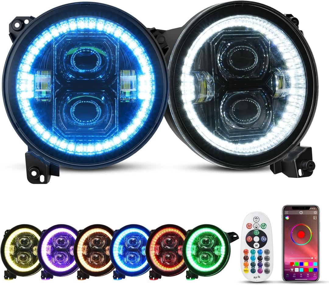 SUPAREE 9 inch LED Headlights Halo Ring Angel Eyes Remote Phone APP Control 9” Round DRL Fit for 2018-2026 Je-ep Wrangler JL Gladiator JT