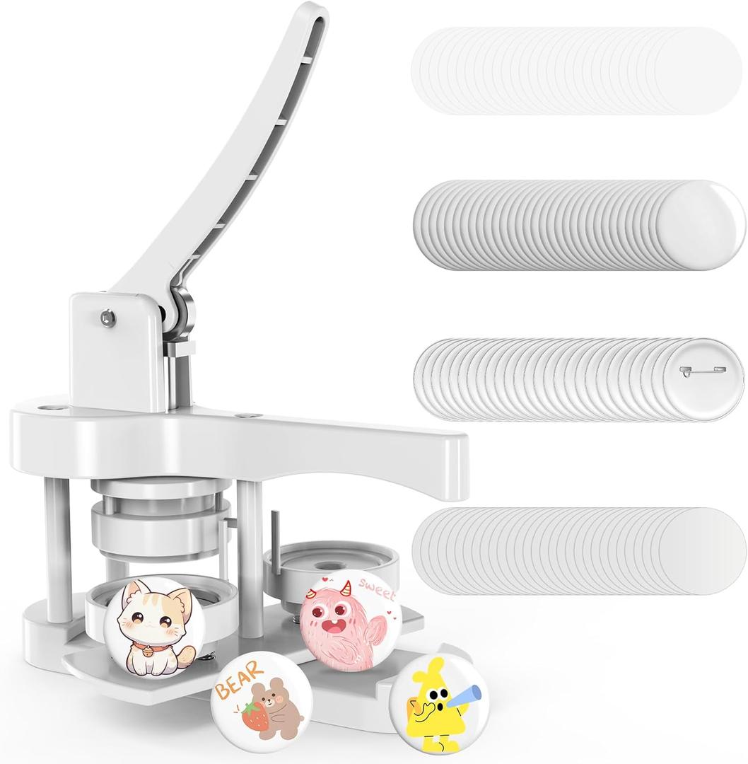 Button Maker Machine, Pin Maker Machine, Button Press Machine, DIY Badges Making Machine Kit with Free 50pcs Supplies, Installation-Free (58mm/2.25inch) (white)