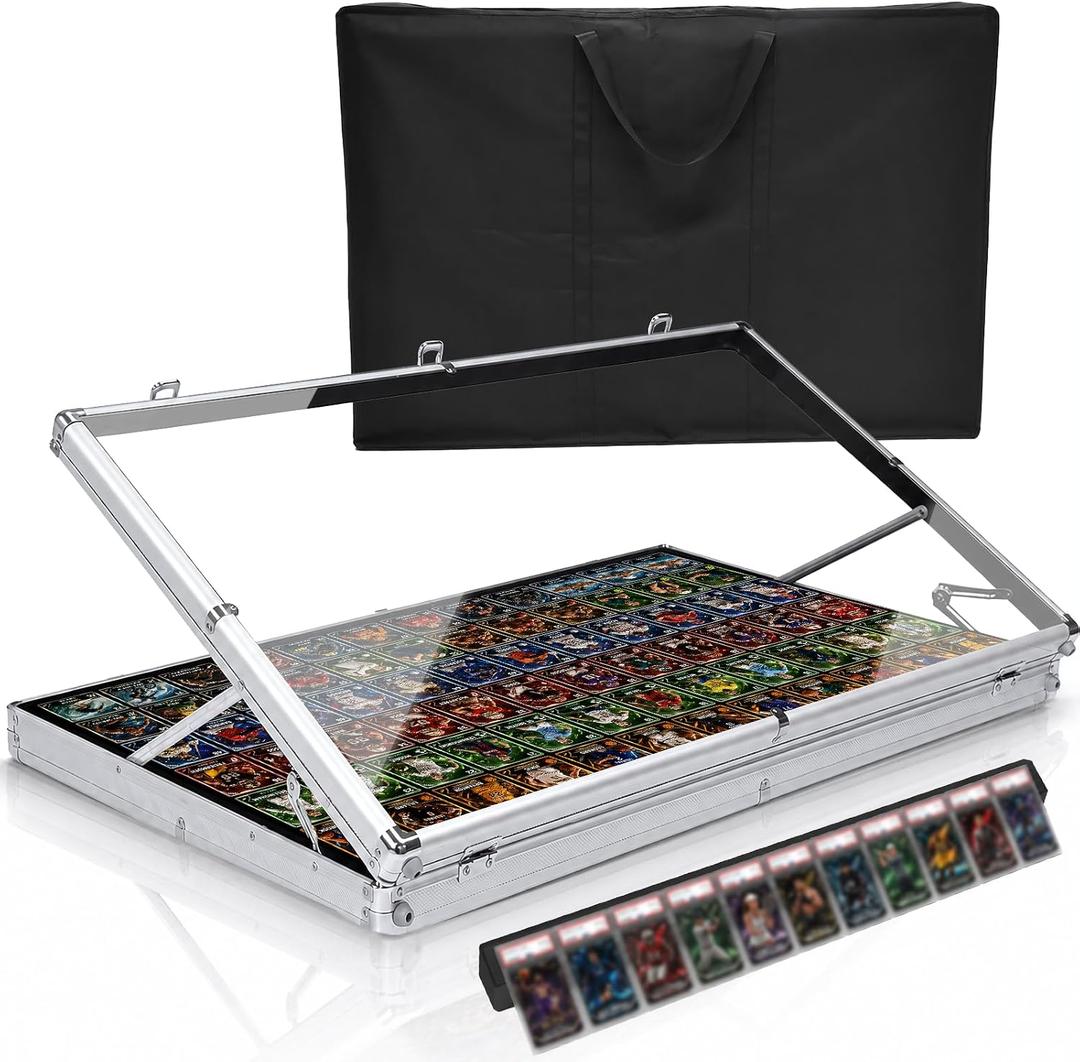Trade Card Show Display Case,Aluminum Lockable Trading Show Display Case and Handle,Portable Trading with Lock for Collectibles, Sports Graded Cards TCG Craft Jewelry (Silver with Bag 32*22 in)