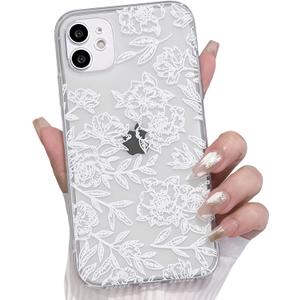 NITITOP Compatible with iPhone 11 Case Clear Cute Line Flower Floral Rose Pattern for Women Girls Full Camera Lens Clear Slim Shockproof Protective Phone Cover - White