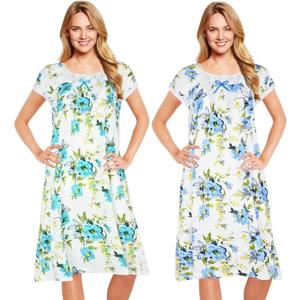JEFFRICO 2 Pack Long Nightgowns for Women - Short Sleeve Soft Womens Nightgowns & Sleepshirts (Large, Blue Green Hibiscus)