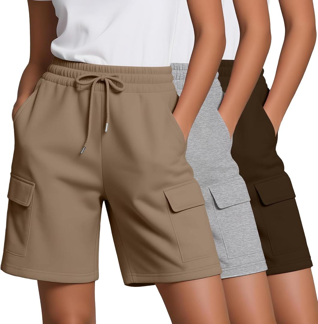 Neer 3 Pack Women's Bermuda Shorts Cargo Knee Length Drawstring Long Shorts Casual Yoga Soccer SweatShorts with 4 Pockets(Brown, Light Heather Gray, Khaki,Medium)
