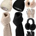 Suhine 8 Pcs Women Hat Scarf Gloves and Earmuff Set Winter Knit Beanie Pompom Hat Warm Touch Screen Gloves for Men Adult (Black, Beige, Stain)
