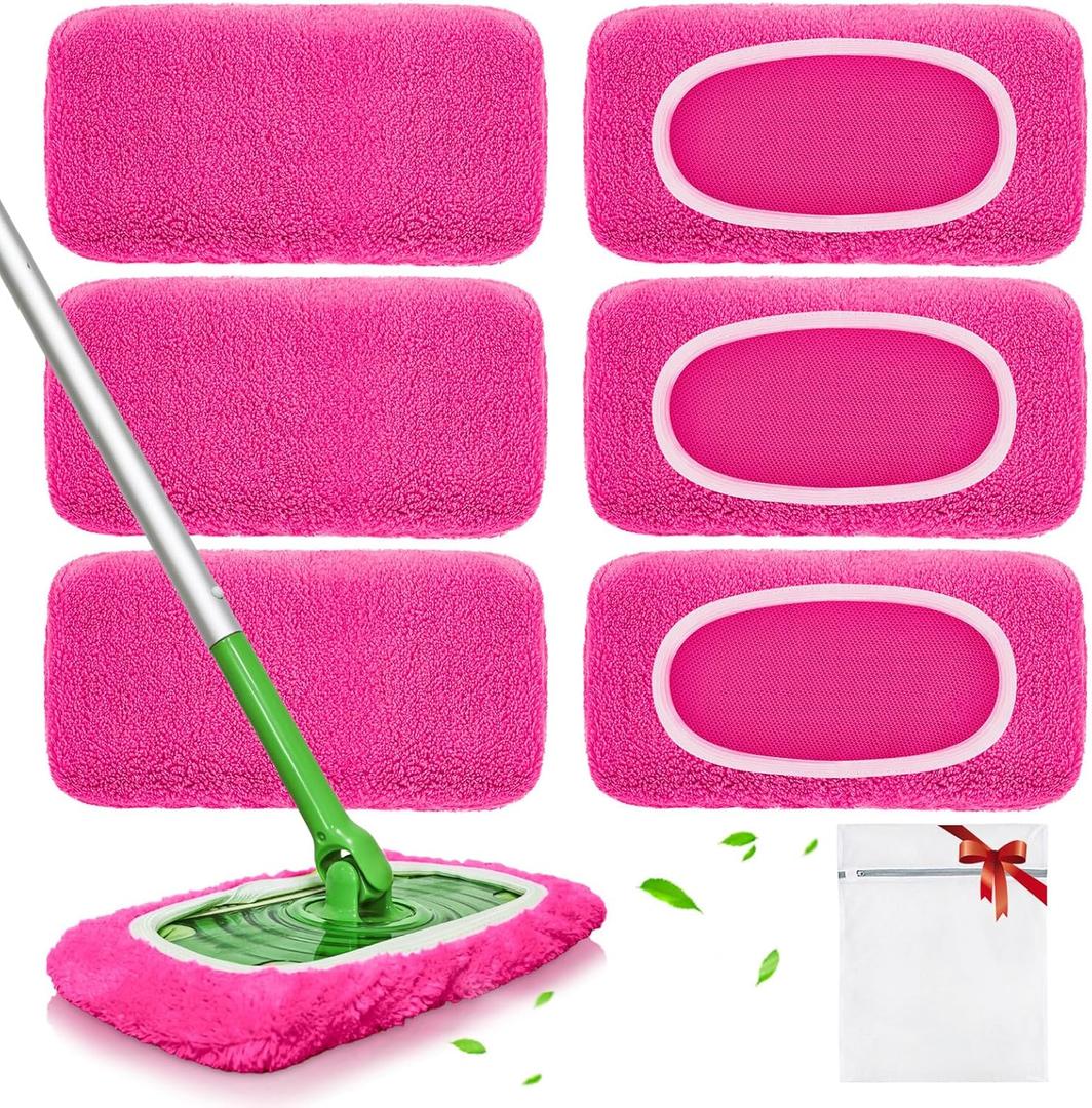 Reusable Mop Pads fit Swiffer Sweeper Mop - Microfiber Wet Pads Refill & Machine Washable Dry Sweeping Cloths for Mopping All Sealed Floors - Hardwood, Laminate, Tile & Stone (Mop is not Included) (6 Pack, Rose Pink)