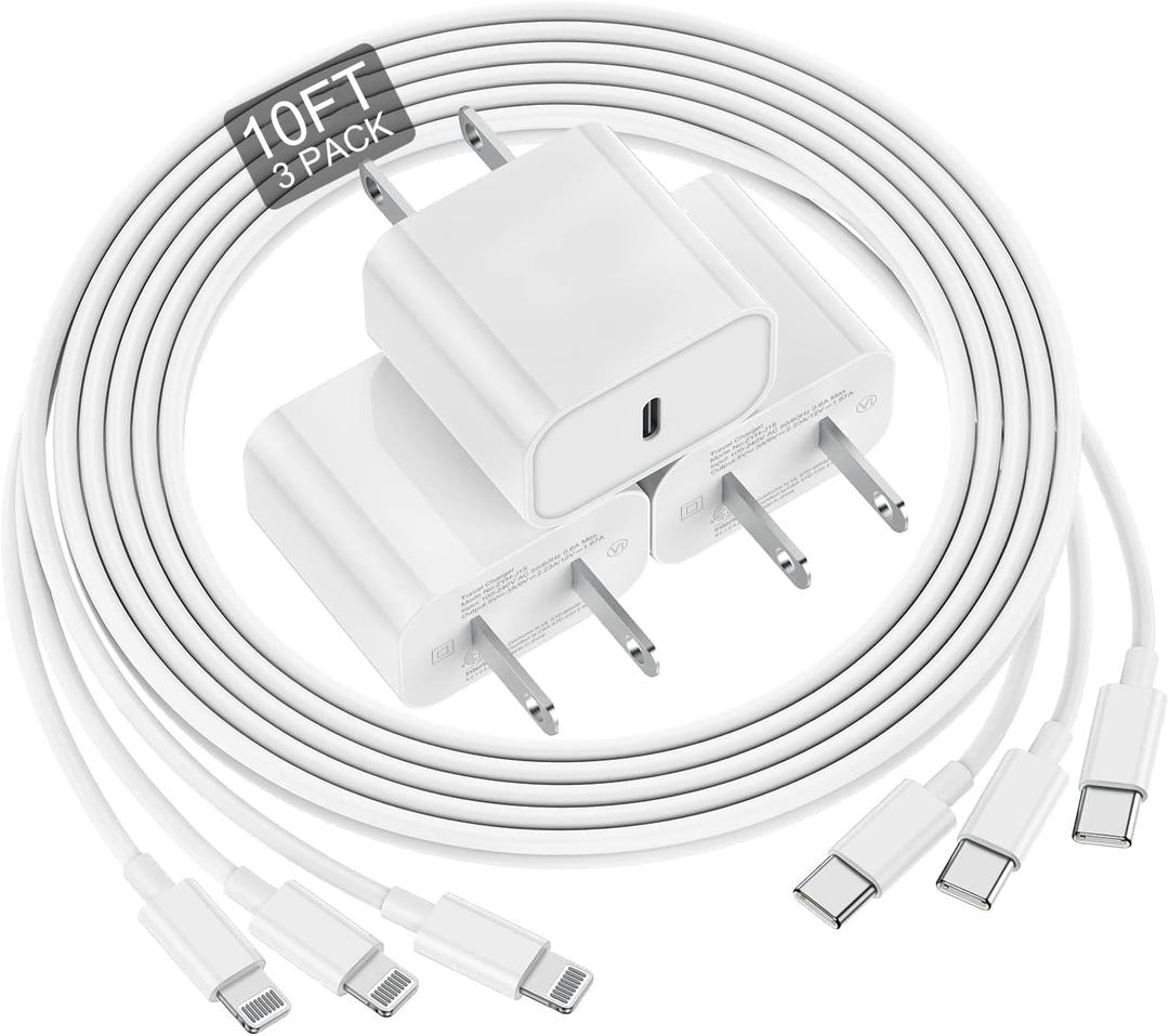 for iPhone Charger Fast Charging 10 FT, Long USB C to Lighting Cable 10 Foot with 20W USB C Rapid Phone Charger Block, Compatible with iPhone 14 Pro/13Pro Max/12/11Pro/Mini, 3 Pack-White