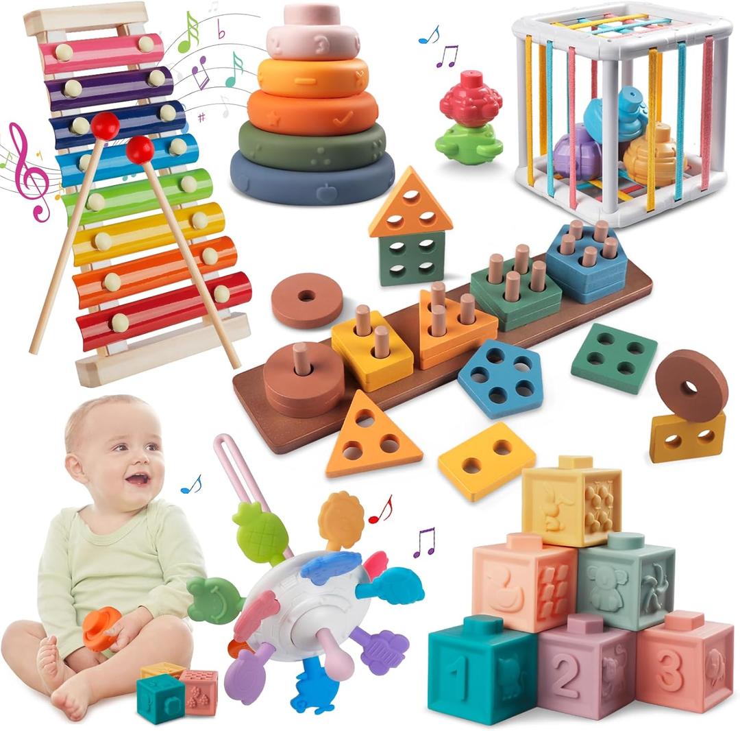 Montessori Baby Toy Sorting Stacking Learning Toys Wooden Building Blocks, Xylophone Musical, Infant Teethers Toys for Baby, 6 in 1 Toy Birthday Gifts for Toddlers