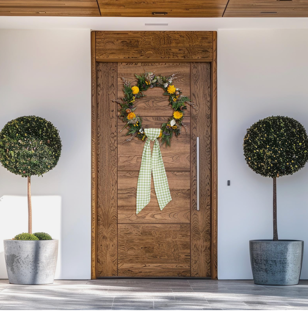 2 Pieces Easter Wreath Sash for Front Door, Green Plaid Polyester Spring Bows for Wreaths Accessories for Home Wedding Birthday Decorations, Sashes