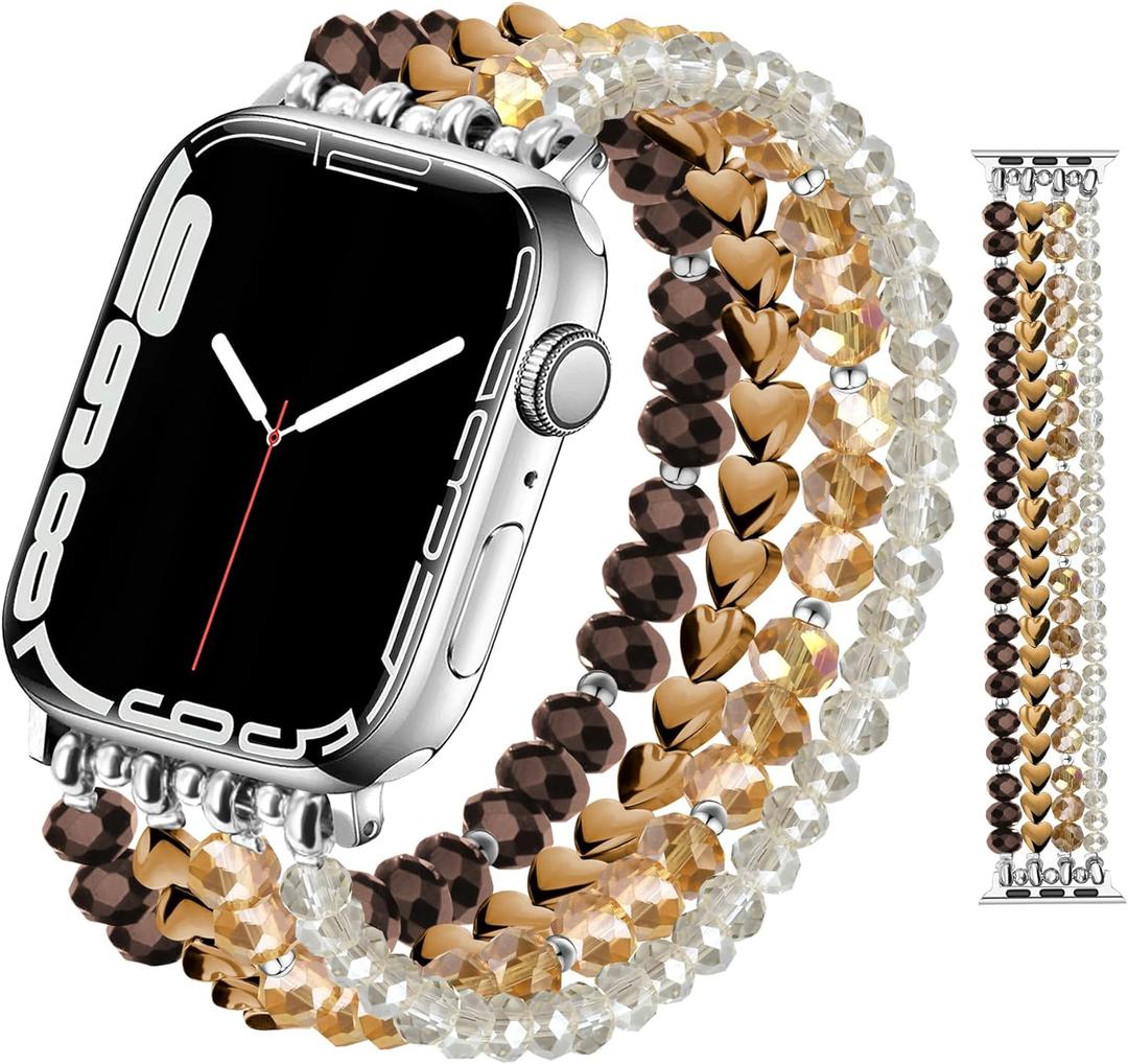 JR.DM Beaded Bracelet Compatible with Apple Watch Band 40mm 38mm 41mm 42mm Series 10/9/8/7/SE/6/5/4/3/2/1 Women Dressy Fancy Handmade Stretchy Strap Replacement for iWatch Bands(Coffee)