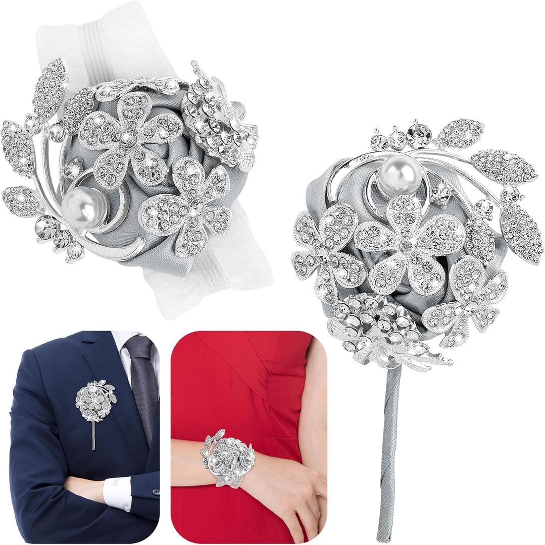 Framendino, Silver Bling Wrist Corsage and Boutonniere Set Artificial Silk Prom Flower for Women Wedding Bridal Shower