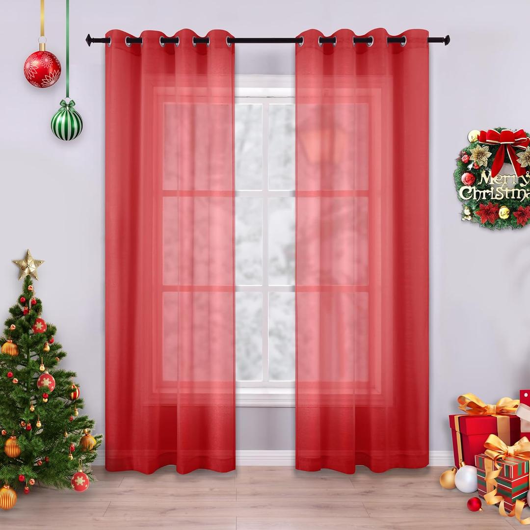 KOUFALL Red Curtains 96 Inches Long for Living Room Set of 2 Panels Grommet Window Voile Semi Transparent Red Sheer Curtains Drapes for Bedroom 52x96 Inch Length