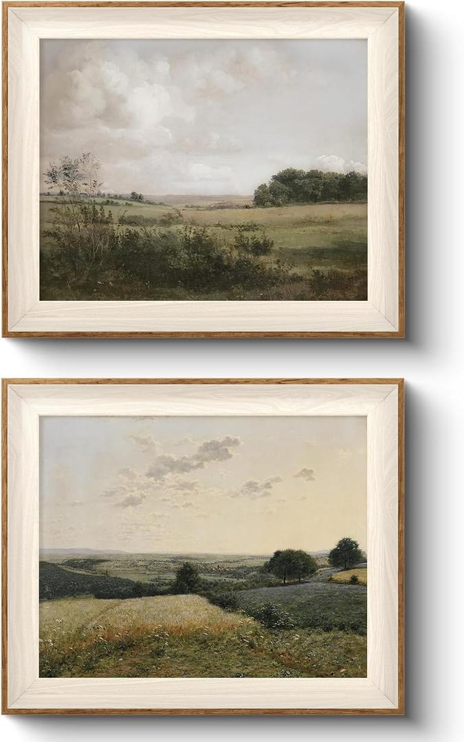 VIYYIEA Vintage Landscape Framed Wall Art 2 Set, Nature Wilderness Scenery Paintings Decor Aesthetic, 10x12 Inch Canvas Print Artwork Home Decor, Retro Farmhouse Wall Pictures for Bedroom Living Room