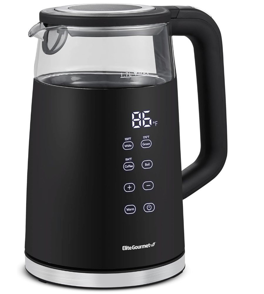 Elite Gourmet 1.7L Dual Wall Cool Touch Electric Tea Kettle, Borosilicate Glass, 304 Stainless Steel Interior, Programmed Digital Touchscreen, Keep Warm, Auto Off & Audible Indicator, Black