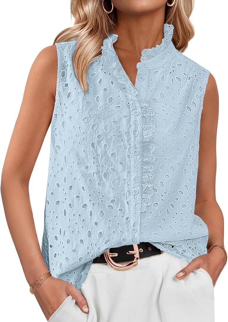 BTFBM Womens Sleeveless Button Down Shirts Ruffle V Neck Casual Hollow Out Eyelet Tops Boho Spring Vacation Blouse 2026 (Blue, L)