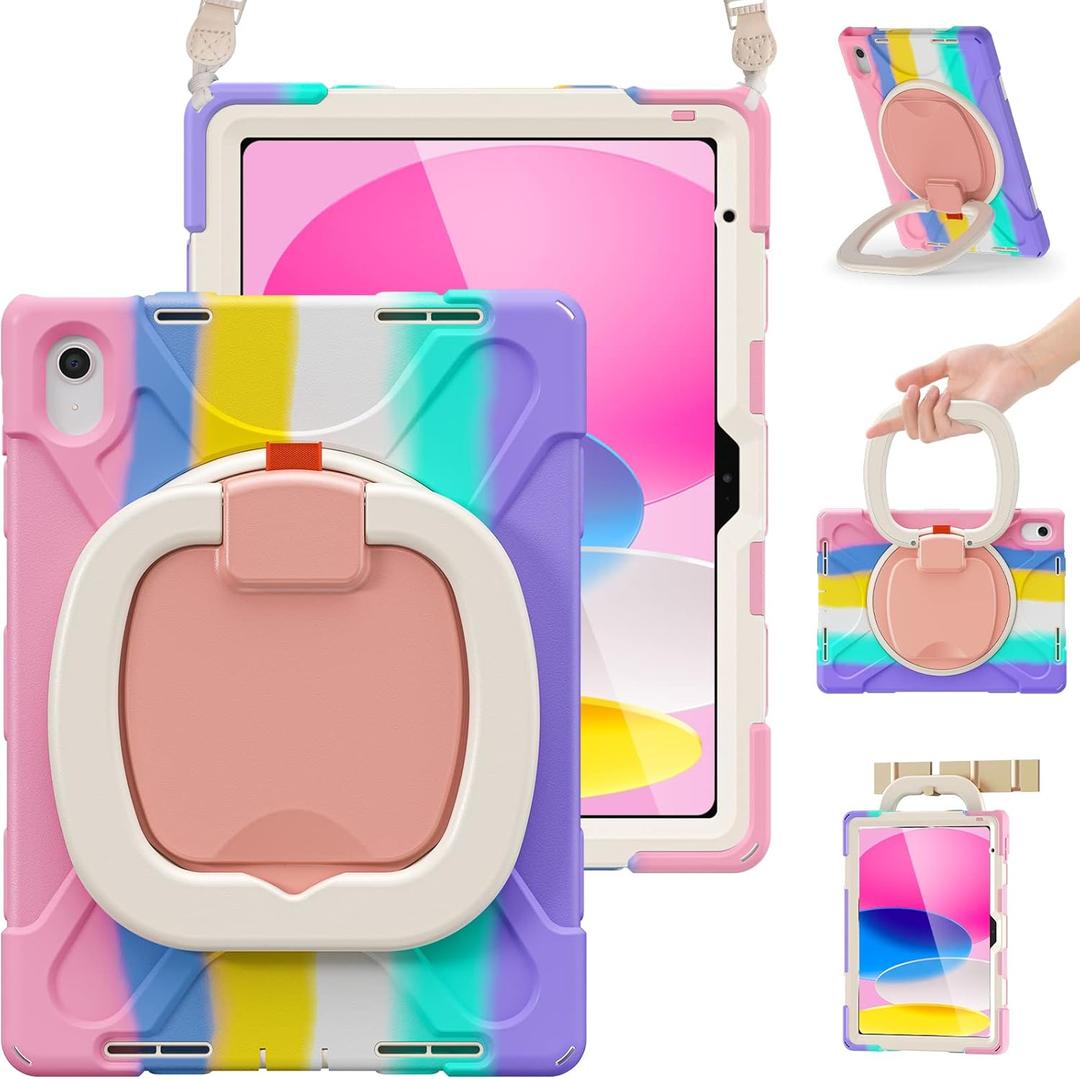 BRAECN Kids Case for iPad (A16) 11th/10th Generation 11/10.9'' 2025/2022, Heavy Duty Rugged Silicone Cover with Screen Protector, Kickstand, Shoulder Strap, Pencil Holder & Ring Stand, Colorful Pink