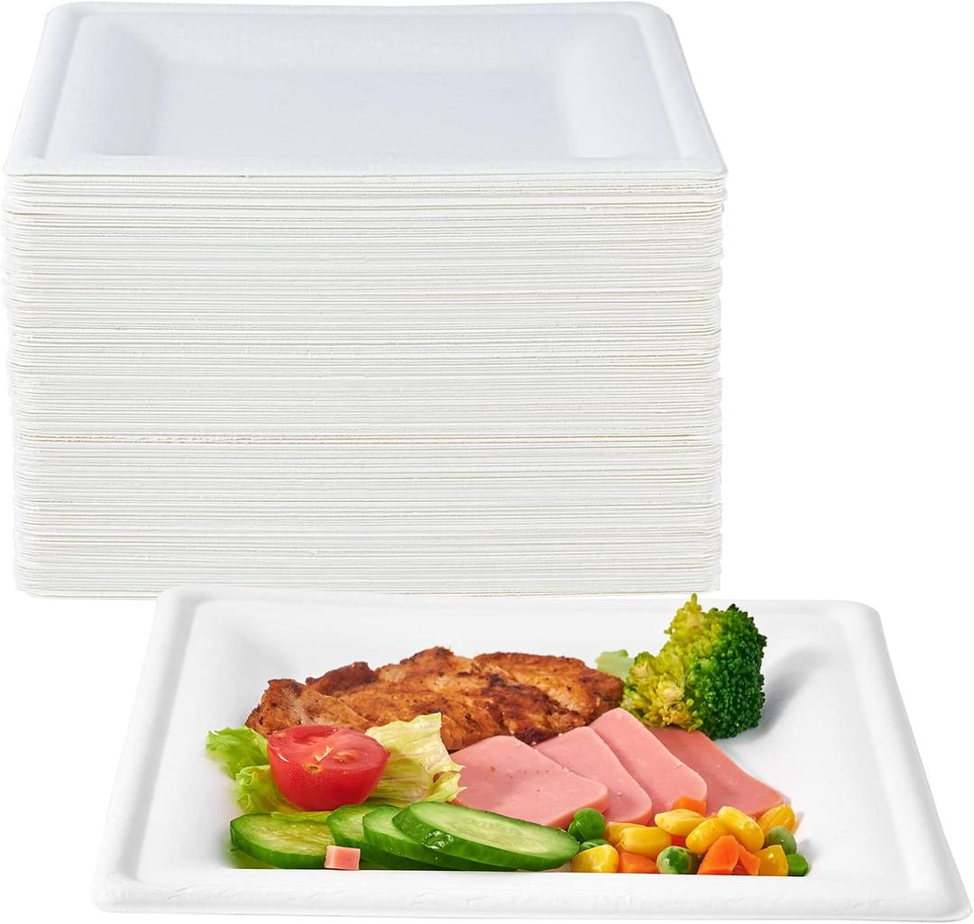 ECOLipak 150 Piecs Square Paper Plates, 8-inch Compostable Disposable Plates, Eco-friendly Heavy Duty Biodegradable Sugarcane Plates for Party Dinner Birthday (White-8 inch)