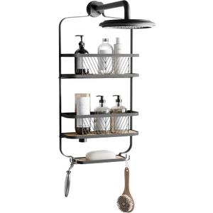 Zenna Home Hanging Shower Caddy, Over The Shower Head Caddy with 2 Bamboo Shelves and Soap Dish, Easy to Install Bathroom Hanging Organizer, Matte Black