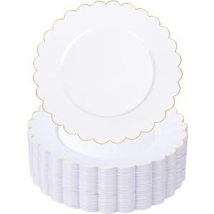 SUT 72 Pcs White Plates Disposable, White Plastic Plates With Gold Trim, 10.25 Inch Gold Dinner Plates, Fancy Plastic Plates, Plates Disposable Heavy Duty for Wedding, Parties, Banquets