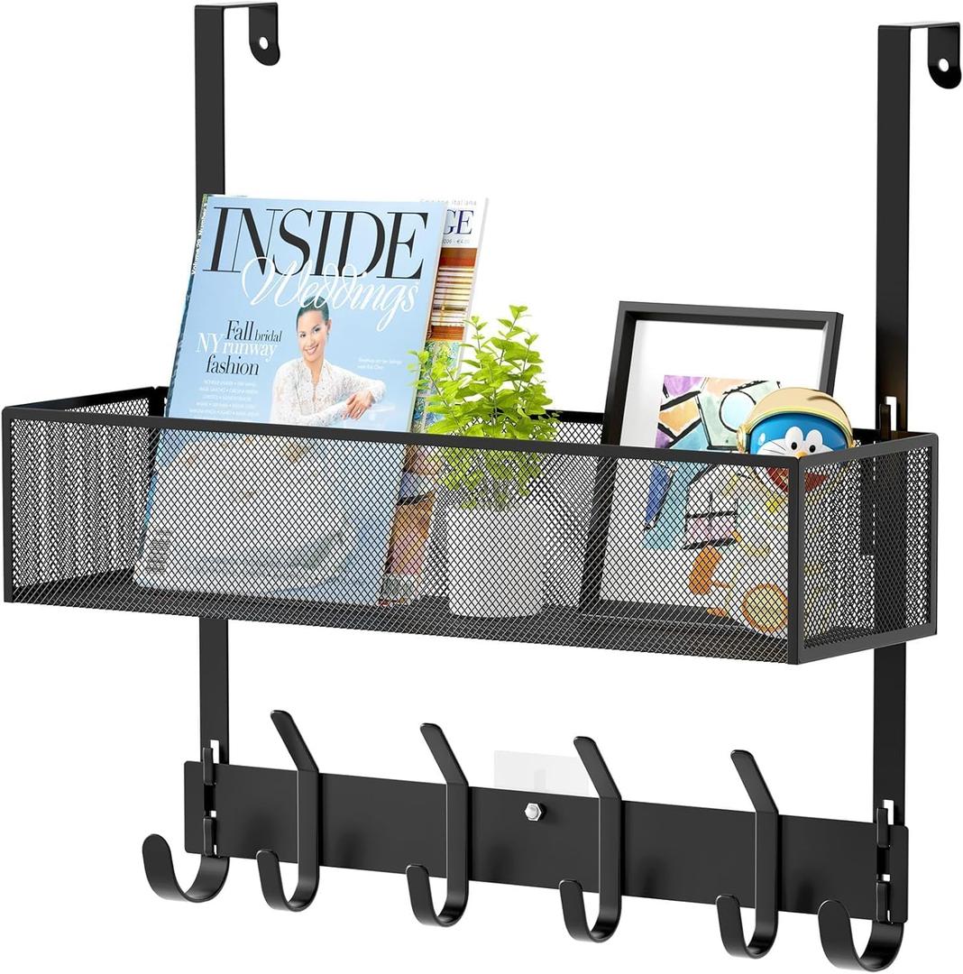 LUCYCAZ Over The Door Hooks - Over Door Organizer, Door Hanger Towel Rack with Mesh Basket & Wreath Hanger, Behind Door Storage Coat Hooks for Bathroom, Bedroom, Kitchen (Black)