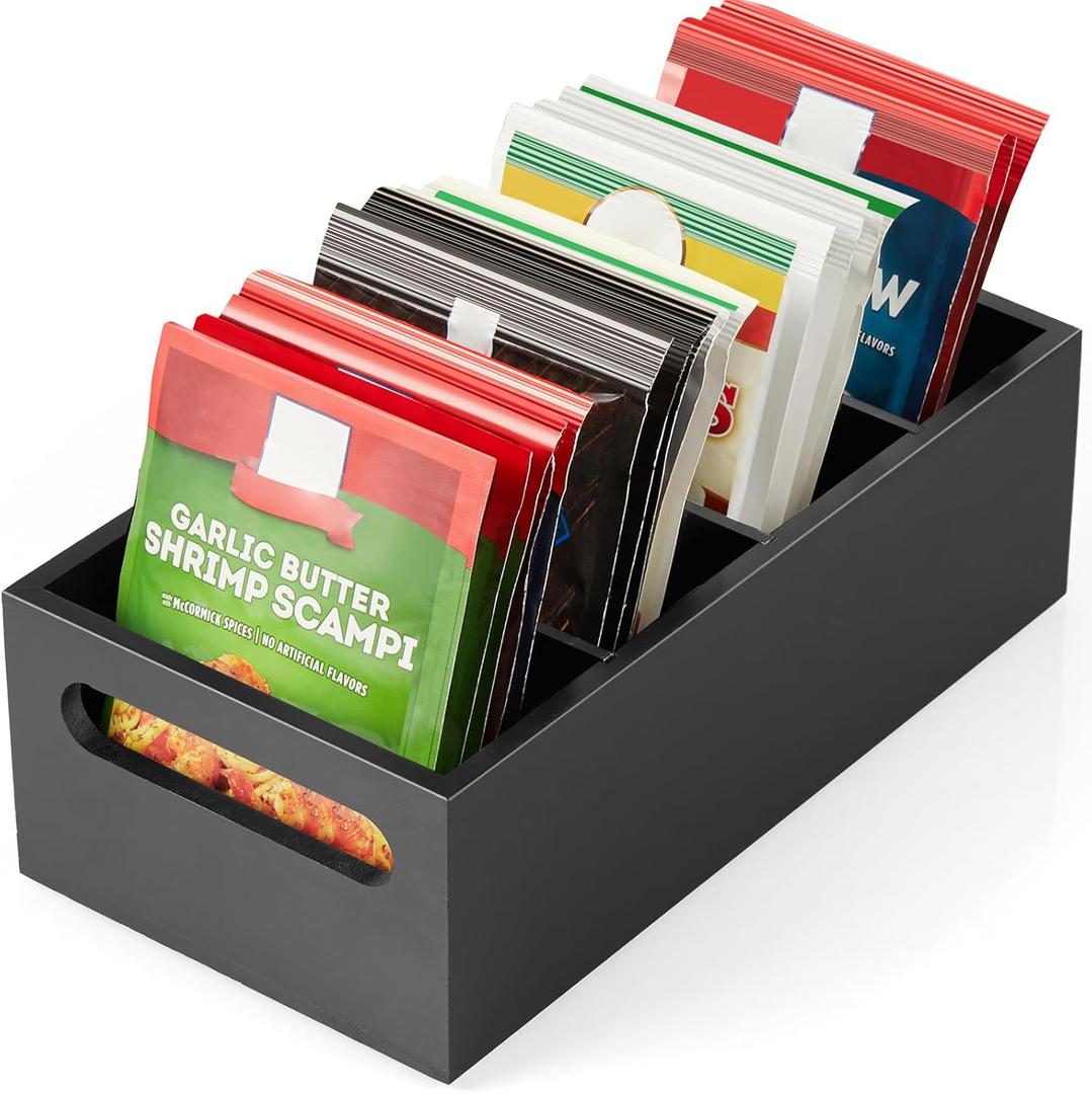 DRASTAR Pantry Organization and Storage Bins, Seasoning Packet Organizer with Removable Dividers,Wooden Storage Caddy for Kitchen, Pantry, Cabinet, Countertop, Black (Small)