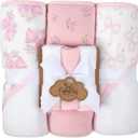 Hooded Baby Bath Towel and Washcloth 6 Piece Set for Newborns, Infants & Toddlers, Boys & Girls Baby Hooded Towels Set (Pink Bows and Flowers)