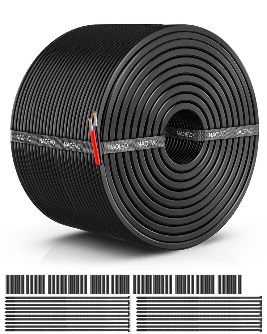 NAOEVO 14 Gauge Wire 2 Conductor Electrical Wire, 14 AWG Stranded PVC Cord, 12V Low Voltage/Tinned Copper/Flexible Cable for Automotive Wiring, Lamp Cord, Marine Cable (100FT)