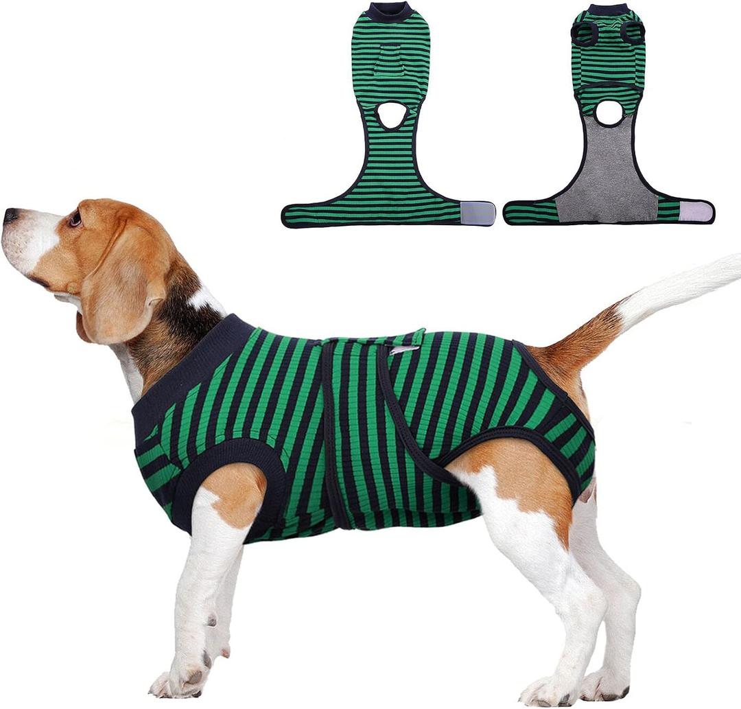 FUAMEY Recovery Suit for Dogs After Surgery, Soft Breathable Dog Bodysuit E-Collar & Cone Alternative Surgical Suit, Male Female Dog Neuter Spay Suits Anti Licking Wounds Onesie Green Black Stripes M (M (Back:13.4-16.1'', Weight:14-25 LB))