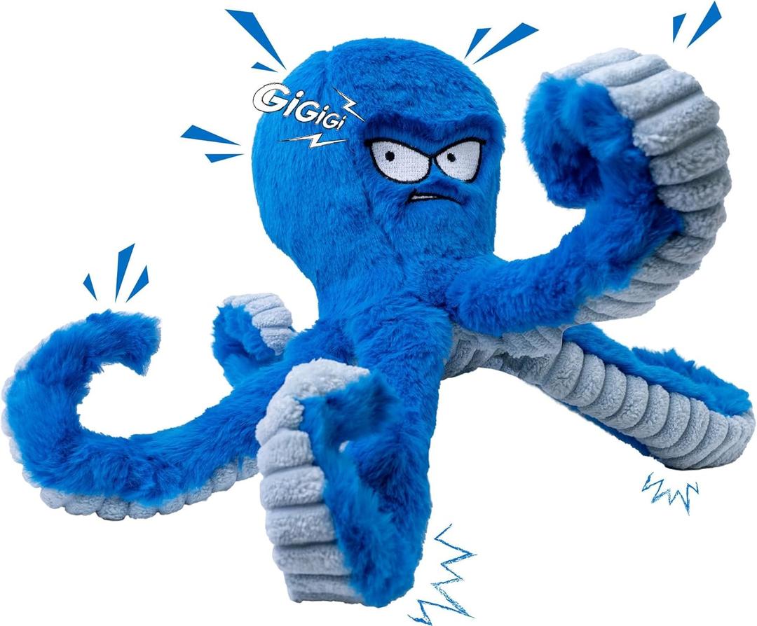 LEGEND SANDY Tough Dog Toys, Stuffed Chew Large Dog Toys to Keep Them Busy, Interactive Squeaky Tug of War Doggie Toy, Crinkle Blue Octopus