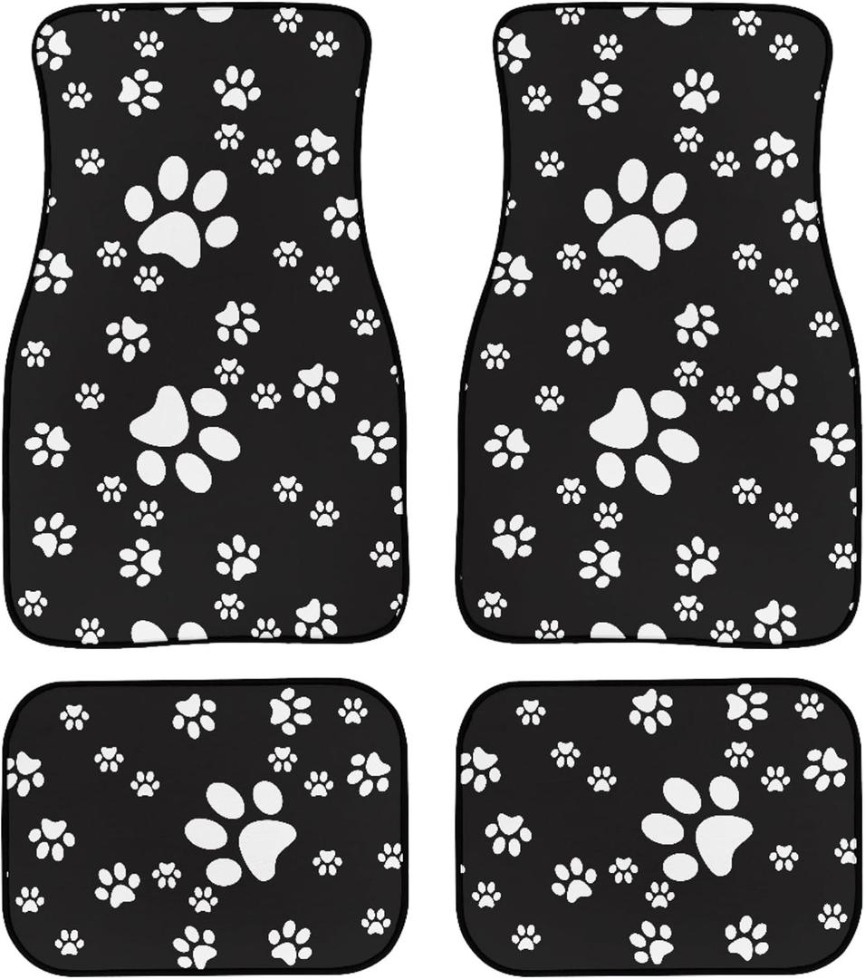 Paw Print Car Mats Set of 4 Abstract Dog Footprints White Paws on Black Background Cute Animal Claws Floor Mats for Car Non Slip Front Rear Vehicle Rugs Universal Auto Accessories for Trucks