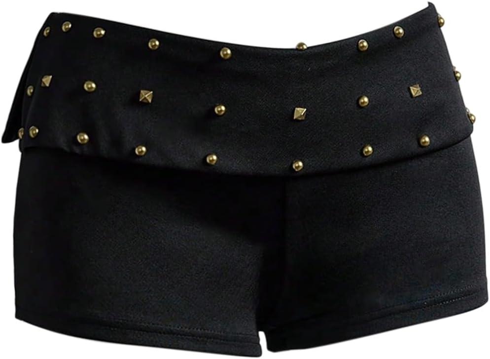 MakeMeChic Women's Fall Y2K Punk Shorts Rivet Studded Straight Leg Mini Shorts Club Outfits (Black), L