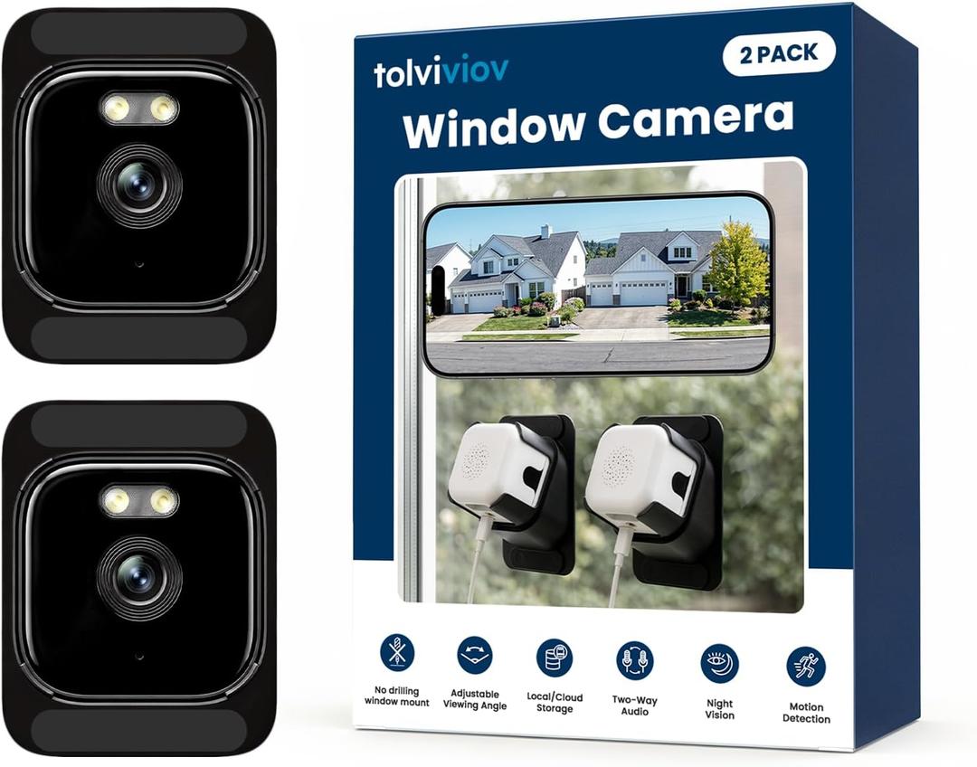 2K Indoor Window Camera with Adjustable Mount, No Drill Window Security Camera, Anti-Glare Glass Design, Night Vision, Local Storage, Easy Install Camera for Indoor Monitoring Outdoor (2 pack)