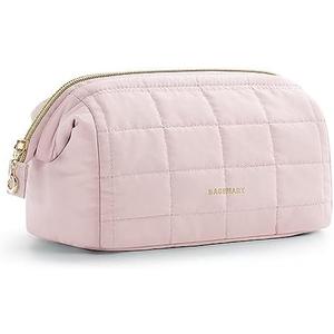 BAGSMART Makeup Bag Travel Toiletry Bag, Puffy Padded Make Up Bags for Women Makeup Organizer Case, Wide-open Pouch Purse Travel Essentials Toiletries Accessories Brushes, Pink