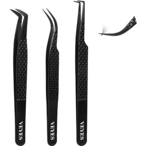 VEYES INC Lash Tweezers for Eyelash Extensions,Fiber Tip Tweezers Kit for Individual Classic and Volume Lash,3PCS Stainless Steel Lash Tweezers-Black