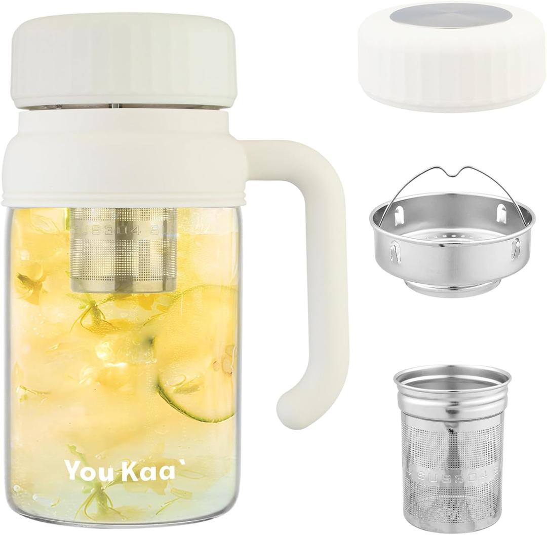 32oz Glass Water Bottle, Tea Bottle with Infuser & Handle, BPA-Free Leakproof Wide Mouth Large Tea Infuser cup for Hot or Cold Drinks, Loose, Fruit (White)