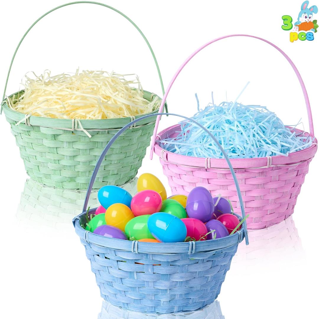JOYIN 3 Pcs Easter Bamboo Baskets, Round Woven Goodie Basket with Handle, Empty Candy Toys Gift Basket for Easter Egg Hunt, Kids Party Treats Picnic Favors Decorations, 10.25"X11"(Blue, Pink, Green)