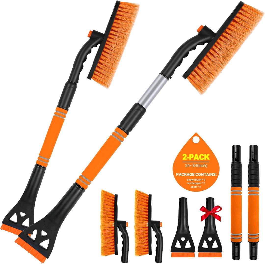 2 Pack Ice Scrapers for Car Windshield, 2-in-1 Snow Scraper and Snow Brush for Car SUV Truck, Car Ice Windshield Scraper for Ice and Snow with 360° Pivoting Brush and Ergonomic Foam Grip Orange