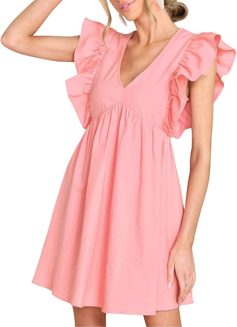 FANCYINN Women's Summer Casual Babydoll Mini Dress Ruffle Sleeveless Deep V Neck Pleated Swing Flowy Tunic Dress, S