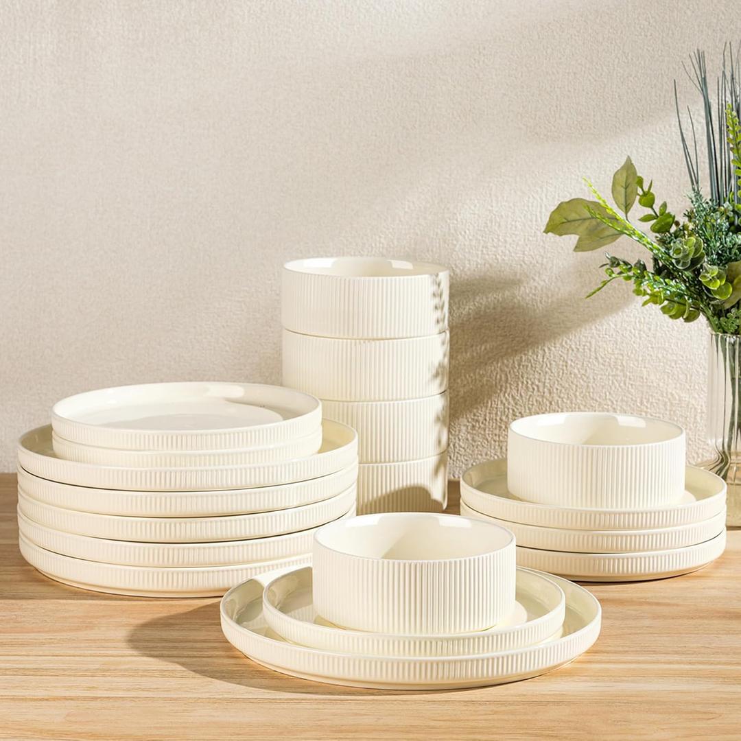 TheTerra Ceramic Dinnerware Sets for 6, 18 Pieces Porcelain Lightweight Plates and Bowls Sets, Scratch Resistant Dish Set, Oven & Microwave & Dishwasher Safe, Beige