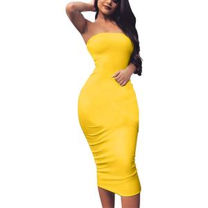 BORIFLORS Women's Basic Sleeveless Tube Top Sexy Strapless Bodycon Midi Club Dress (Yellow, S)