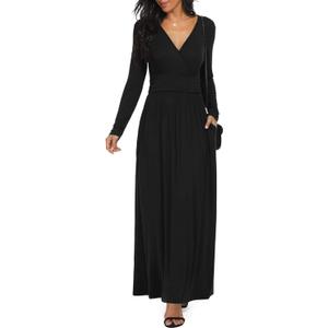 LILBETTER Women Long Sleeve Deep V Neck Loose Plain Long Maxi Casual Dress (Small, Black)
