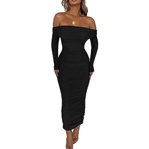 PRETTYGARDEN Women's Fall Off The Shoulder Maxi Dress Spring Long Sleeve Ruched Fitted Bodycon Club Dresses with Slit, Size L