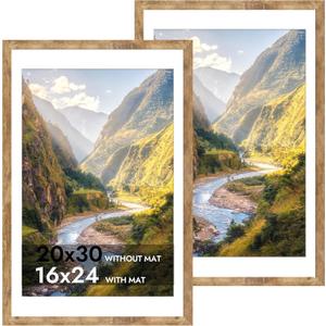 iRahmen 20x30 Poster Frame Set of 2 with Plexiglass, Wood Brown Rustic Picture Frames for Wall Mounting Display Picture 16x24 with Mat or 20 x 30 Without Mat